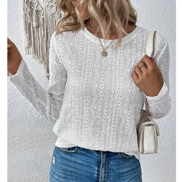 White Long Sleeve Tee Shirt Eyelet Embroidery Somewhat Sheer Round Neck - Picture 1 of 9